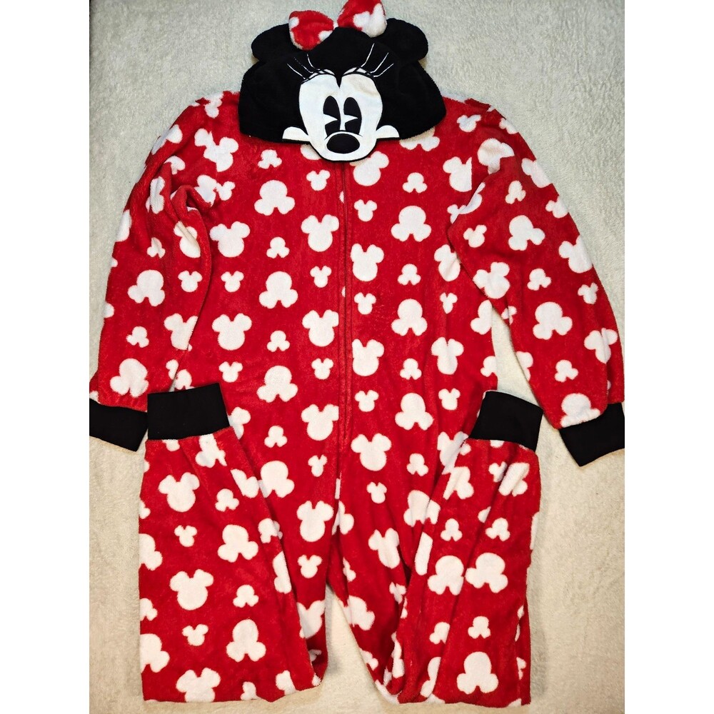 Disney Minnie Mouse Womens Small Hooded Fleece One Piece Sleeper Zip Red White